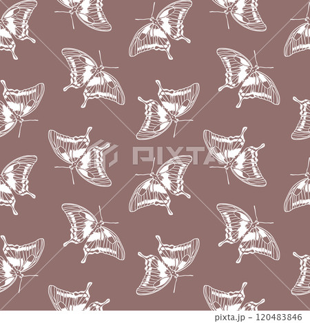 White butterflies on dark seamless pattern in ink. Hand drawn vector illustration in graphic style. For textile, fabric, covers, packaging, wallpaper. 120483846