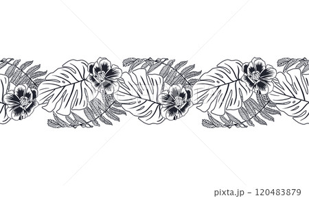 Tropical seamless border. Monstera palm leaves, fern, flowers. Hand drawn vector illustration. Graphic. Labels, banners, cosmetics packaging design. Tropical seamless border. Monstera palm leaves, fern, flowers. Hand drawn vector illustration. Graphic. Labels, banners, cosmetics packaging design. 120483879