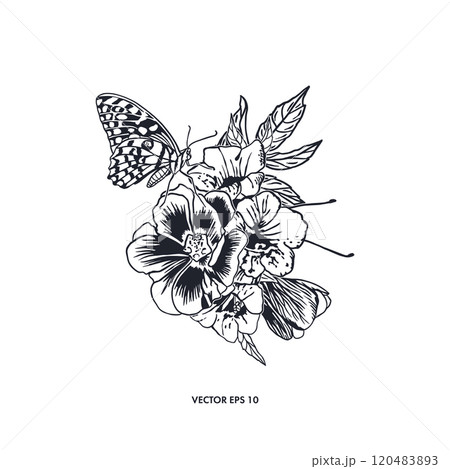 Flowers bouquet with sitting butterfly. Hand drawn vector illustration. Graphic style. Greeting cards, invitations, labels, tattoo, posters, banners. 120483893