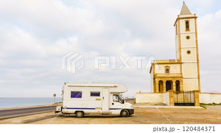 Caravan and church San Miguel, Cabo de Gata, Spain 120484371