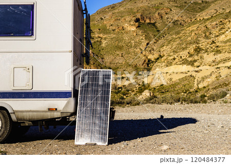 Solar photovoltaic panel at camper caravan 120484377