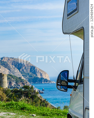 Motor home on seaside cliff, Spain 120484424