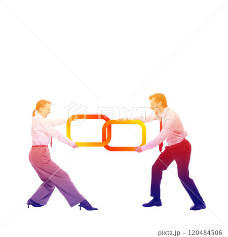 Contemporary art collage. Businesswoman and businessman holding interlinked chain shapes, symbolizing collaboration and connectivity in teamwork. 120484506