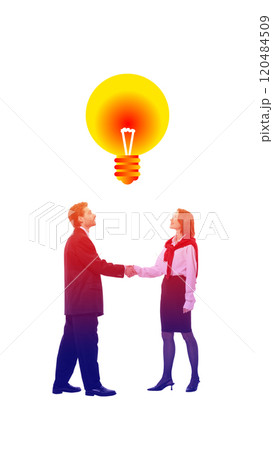 Contemporary art collage. Businessman and businesswoman shaking hands under glowing yellow bulb, symbolizing innovation, collaboration, and business partnerships. 120484509