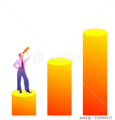 Contemporary art collage. professional woman standing on rising golden columns, holding a telescope, symbolizing growth and vision in business and finance. Contemporary art collage. professional woman standing on rising golden columns, holding a telescope, symbolizing growth and vision in business and finance. 120484517