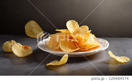 《AI画像》お皿に盛ったポテトチップス 120484574