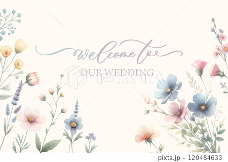 Delicate watercolor wedding invitation card background with flower and botanical leaves. Welcome sign template. 120484633