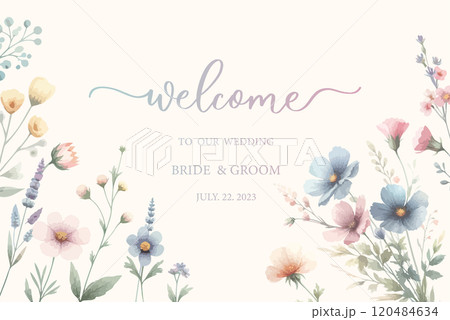 Delicate watercolor wedding invitation card background with flower and botanical leaves. Welcome sign template. 120484634