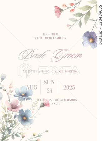 Delicate watercolor wedding invitation card background with flower and botanical leaves. Abstract art background vector design for wedding and vip cover template. 120484635