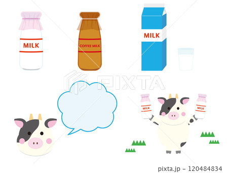 牛乳とかわいい牛のイラストセット 牛乳とかわいい牛のイラストセット 120484834