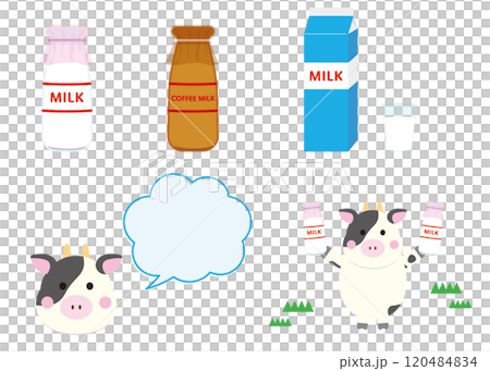 牛乳とかわいい牛のイラストセット 牛乳とかわいい牛のイラストセット 120484834