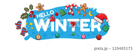 Hello winter banner design template with santa hat, christmas tree, candy, hat, mittens, berries, stars, gifts, balls, moon , gingerbread man, cookies. Hello winter blue sticker isolated on white Hello winter banner design template with santa hat, christmas tree, candy, hat, mittens, berries, stars, gifts, balls, moon , gingerbread man, cookies. Hello winter blue sticker isolated on white 120485173