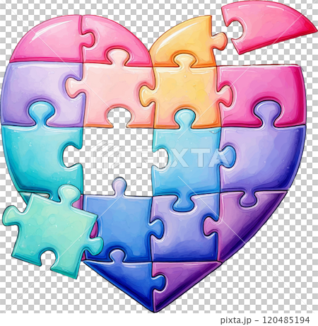 Illustration of a colorful heart-shaped jigsaw puzzle being assembled 120485194