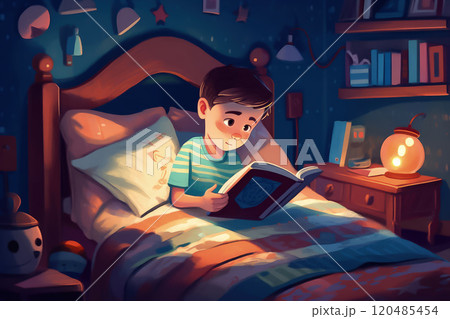 Boy reading a book while sitting on bed in bedroom before going to sleep. book day illustration - Generative AI Boy reading a book while sitting on bed in bedroom before going to sleep. book day illustration - Generative AI 120485454