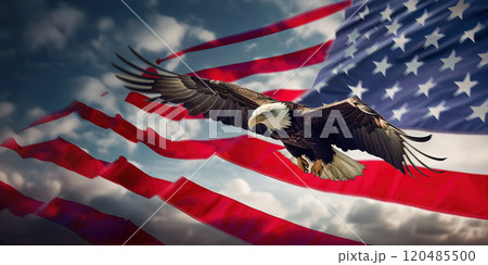 Eagle Soaring Above the American Flag: A Patriotic Image of Freedom - Generative AI 120485500