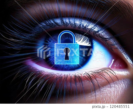 鍵をかける目のクローズアップ　サイバーセキュリティイメージ　 120485551