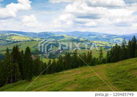 beautiful view of a countryside in carpathian mountains. rural landscape. cloudy weather in summer. trees on the steep slope. village in the valley. rolling hills in dappled light 120485749