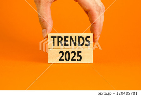 Planning trends 2025 new year symbol. Concept words Trends 2025 on beautiful wooden blocks. Beautiful orange background. Businessman hand. Business trends 2025 new year concept. Copy space. Planning trends 2025 new year symbol. Concept words Trends 2025 on beautiful wooden blocks. Beautiful orange background. Businessman hand. Business trends 2025 new year concept. Copy space. 120485781