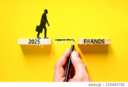 Planning 2025 brands new year symbol. Concept words 2025 Brands on beautiful wooden blocks. Beautiful yellow background. Businessman hand. Business 2025 brands new year concept. Copy space. 120485782