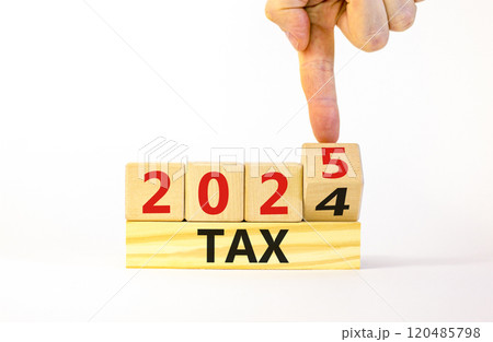 Planning 2025 tax new year symbol. Concept words 2024 Tax to 2025 Tax on beautiful wooden blocks. Beautiful white table white background. Business 2025 tax new year concept. Copy space. 120485798
