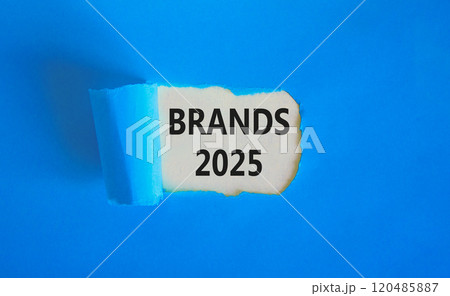 Planning brands 2025 new year symbol. Concept words Brands 2025 on beautiful white paper. Beautiful blue paper background. Business brands 2025 new year concept. Copy space. 120485887