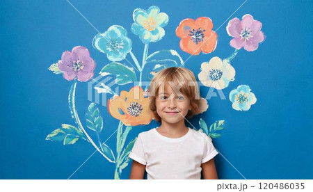 花のイラストが書かれた壁の前に立つ子供 120486035