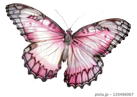 Realistic pink butterfly with detailed, textured wings displayed in full symmetry, isolated on white background. Ideal for nature, wildlife, or artistic design themes. Cut out element. Generative AI. 120486067