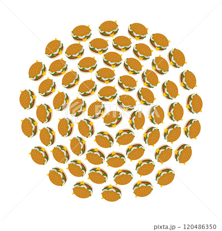 Burger meat cutlet, salad, slice tomato and onion rings, chees, sesame ban Circle Background Texture 120486350