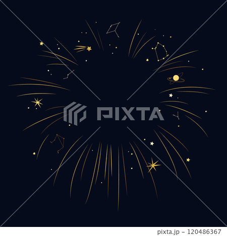 Night sky background frame isolated design element. Place for text. Stars, constellations, planets, and beams. Vector illustration 120486367