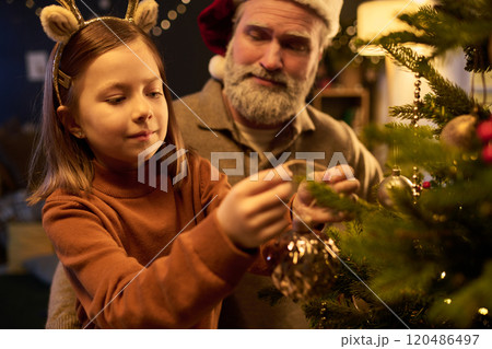Decorating Christmas Tree with Grandfather and Granddaughter 120486497