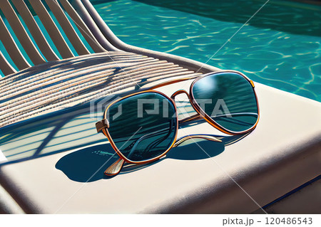 Summer Fun: Sunglasses on a Poolside Chair - Generative AI 120486543