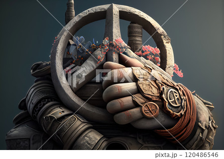 The symbol of pacifism in the hands of a veteran warrior - Generative AI 120486546