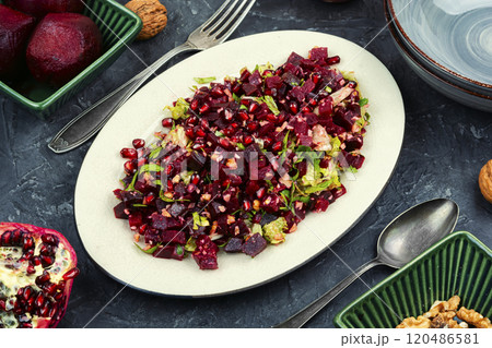 Vegan beetroot and pomegranate salad. Vegan beetroot and pomegranate salad. 120486581