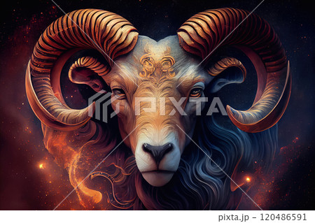 The head of a ram or mouflon, zodiac signs - Aries. Space, astrology, mysticism, esotericism, magic - Generative AI The head of a ram or mouflon, zodiac signs - Aries. Space, astrology, mysticism, esotericism, magic - Generative AI 120486591