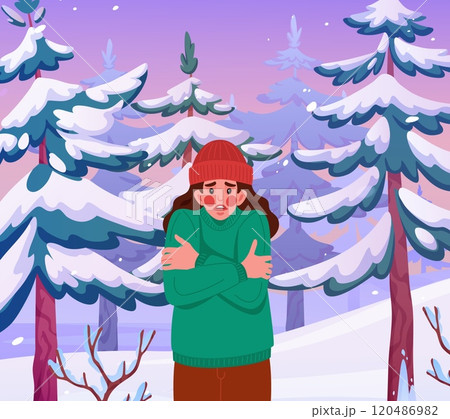 Winter nature. Woman shivering in snowy forest. Cold weather. Girl suffering from frost. Trembling person. Wild snow tree. Hypothermia discomfort. Wintertime temperature. Chilly people. Vector concept Winter nature. Woman shivering in snowy forest. Cold weather. Girl suffering from frost. Trembling person. Wild snow tree. Hypothermia discomfort. Wintertime temperature. Chilly people. Vector concept 120486982