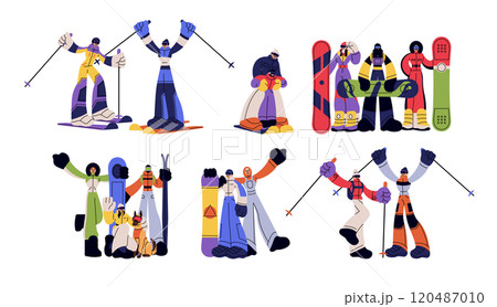 Winter sport. Rider ski, board and snowboard. Happy character on mountain. People in sports clothes on snow. Active hobby during holidays. Extreme activity. Vector cartoon flat isolated illustration 120487010