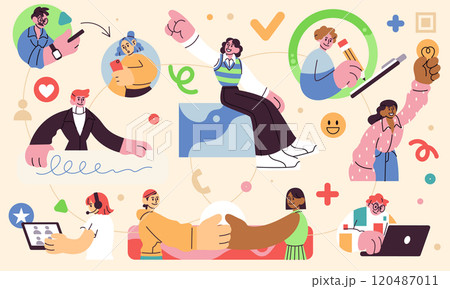 Team persons business. Work meeting, success teamwork corporate via laptop. Community management, office project together woman and man. Contemporary drawing characters. Vector cartoon illustration 120487011