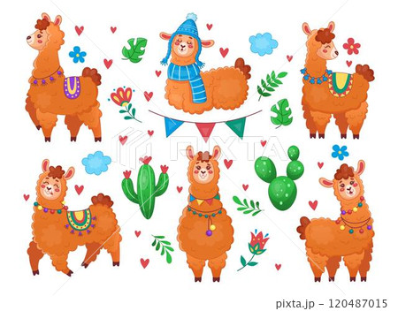 Alpaca set, funny llama. Farm animal in Peru. Cute baby icon. Mexican cartoon flat style isolated illustration. Fabric drawing characters for children. Set of fun pets with cactus. Vector tidy sticker 120487015