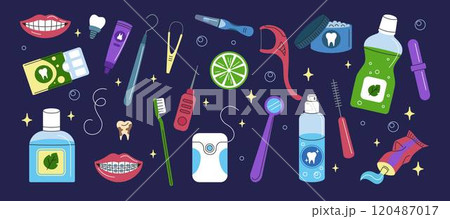 Dental icon. Toothpaste, toothbrush, dental cleaning, teeth, floss. Medical oral health. Smile care. Vector dentist stomatology mouth treatment tools tidy cartoon flat style isolated illustration 120487017