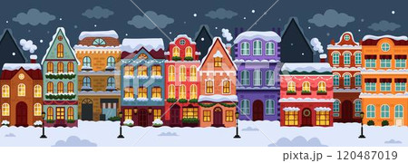 Christmas city street. Winter house, scene decor building on New Year. View town lights home. Snow holiday urban. Vector panoramic tidy cottages and townhomes facade, cartoon flat style illustration Christmas city street. Winter house, scene decor building on New Year. View town lights home. Snow holiday urban. Vector panoramic tidy cottages and townhomes facade, cartoon flat style illustration 120487019