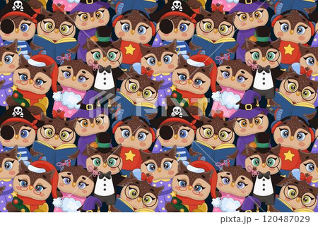 Owl pattern. Cartoon cute character. Anime funny bird. Design seamless for birthday. Kawaii fabric children repeated print. Animal faces. Adorable owlet. Illustration for baby. Vector tidy background 120487029