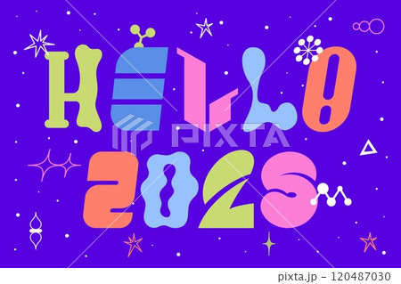 Sticker shape Hello 2025 poster design. Cool trendy font. Abstract icons. New Year holiday. Happy graphic brutal elements. Retro Bauhaus collage. Geometric typography for event. Vector text 90s banner Sticker shape Hello 2025 poster design. Cool trendy font. Abstract icons. New Year holiday. Happy graphic brutal elements. Retro Bauhaus collage. Geometric typography for event. Vector text 90s banner 120487030