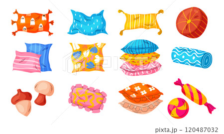 Decorative pillows. Cute sleeping roller. Forms for bedroom. Comfortable funny shapes for bed. Colorful fabric print. Modern object for interior vector garish decor, cartoon flat isolated illustration Decorative pillows. Cute sleeping roller. Forms for bedroom. Comfortable funny shapes for bed. Colorful fabric print. Modern object for interior vector garish decor, cartoon flat isolated illustration 120487032