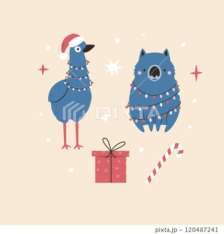 Australian Christmas Greeting Card with Wombat, Emu Characters 120487241