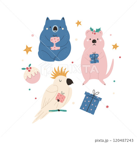 Australian Christmas Greeting Card with Wombat, Quokka, Cockatoo Parrot Characters 120487243