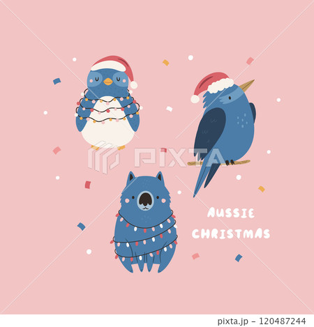 Australian Christmas Greeting Card with Wombat, Kookaburra, Penguin Characters 120487244