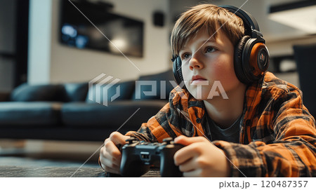 ヘッドフォンを着けてゲームをする少年 120487357