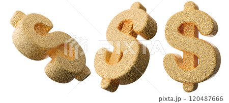 Set of three golden dollar symbols in glittery, textured design isolated on white background. Wealth, finance, luxury, or business themes with creative and eye-catching style. Dollar sign cut out. 3D. Set of three golden dollar symbols in glittery, textured design isolated on white background. Wealth, finance, luxury, or business themes with creative and eye-catching style. Dollar sign cut out. 3D. 120487666
