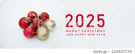 Different Christmas decorations on white background. Christmas greeting card 2025. White background with copy space. Elegant classic style. 120487729