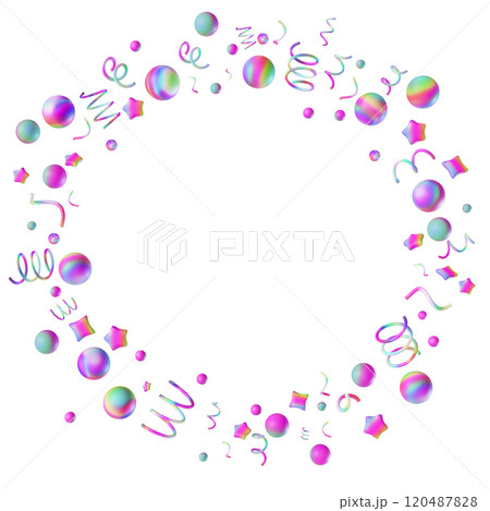 Circle with rainbow confetti isolated on white background. Empty, copy space in the middle. Vibrant playful design element, round frame or border. Birthday party, event for kids. Y2k style. 3D render. 120487828
